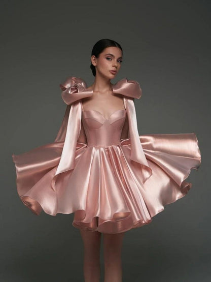 Glossy Fabric, Bow Design, Spaghetti Strap Mini Dress