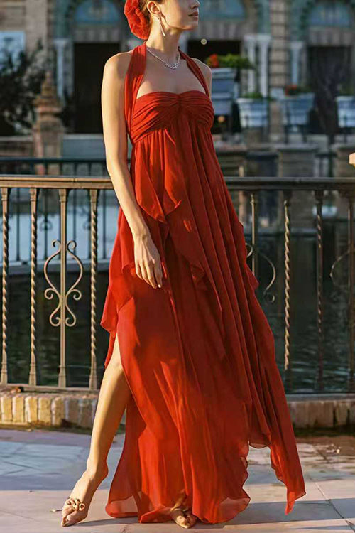 Margovil Sleeveless Open Back Ruffle Trim Slit Maxi Dress