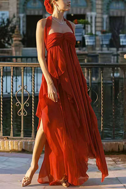 Margovil Sleeveless Open Back Ruffle Trim Slit Maxi Dress