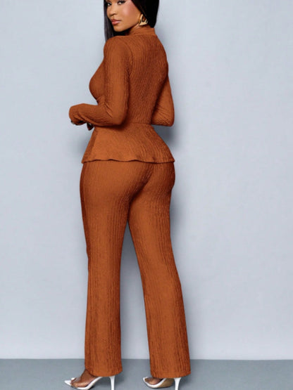 Long-sleeved, Irregular Hem, Fitted Top And Slimming Solid Color Trousers Two-piece Set