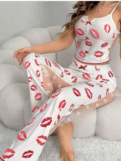 Mesh Patchwork Printed Camisole Nightgown