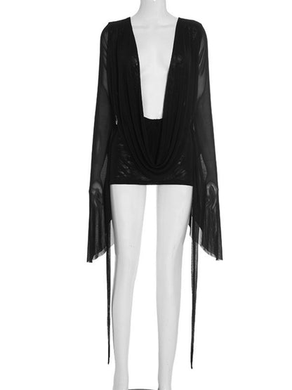 Mesh Dangling Long Sleeves Exposed Backpack Buttocks Mini&Short Dresses