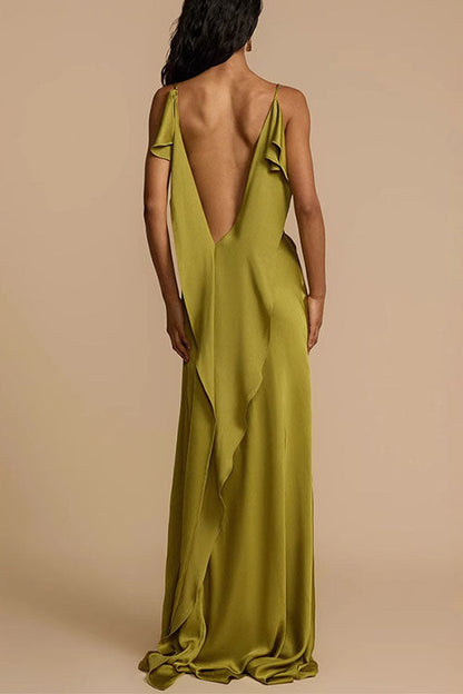 Margovil High Slit Back Drape Cascading Satin Maxi Cami Dress