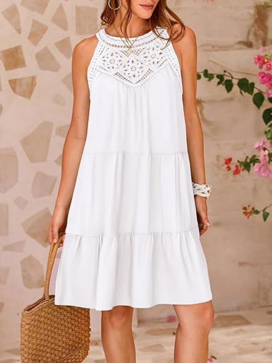 A-line Short Dress With Hollowed-out Lace Trim And Halter Neck