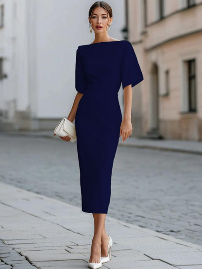 Grace One-shoulder Collar Mid-length Sleeves Slim-fit Midi Dresses
