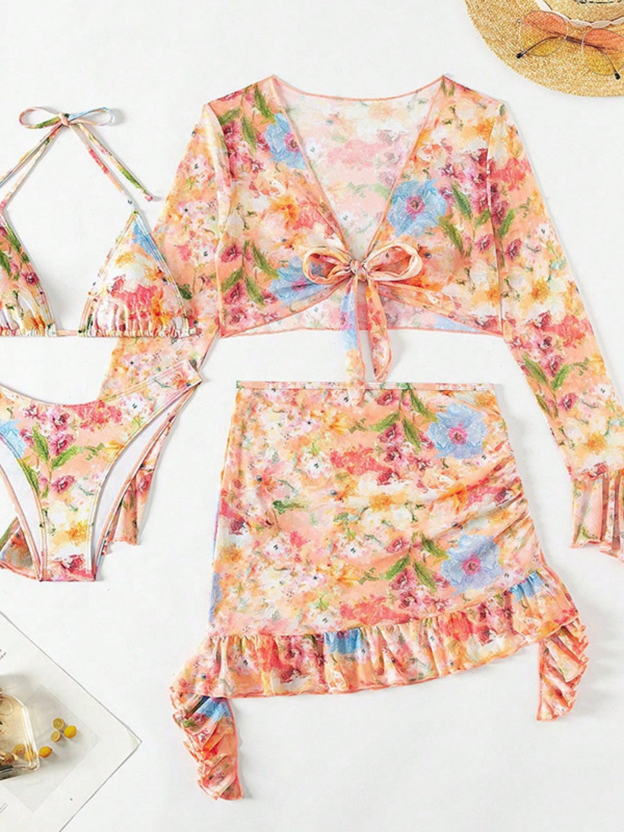 Floral Print Ruffled Bikini Four-Piece Set