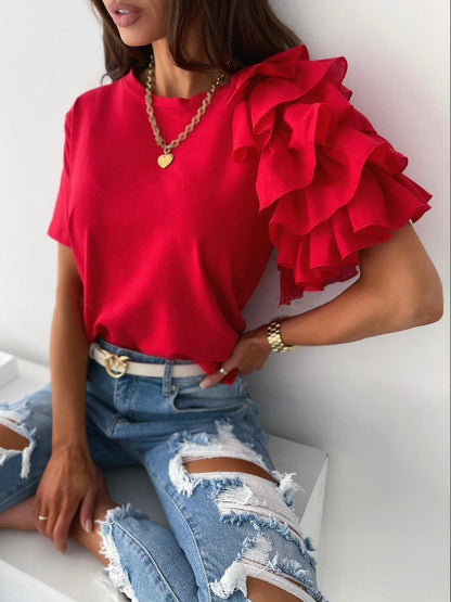 Ruffled Short-sleeved Crew Neck T-shirt