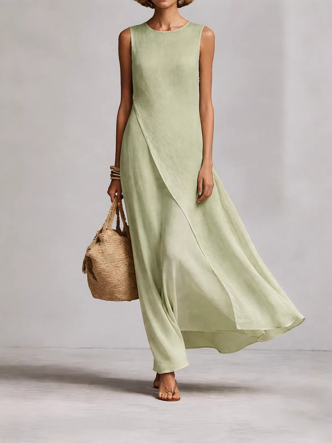 Sleeveless Asymmetrical Hem Cotton-linen Blend Long Dress