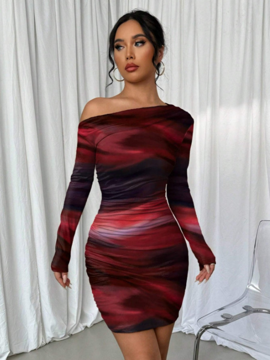 Pleated Slim-fit Hip-hugging Slant Collar Printed Mini&Short Dresses