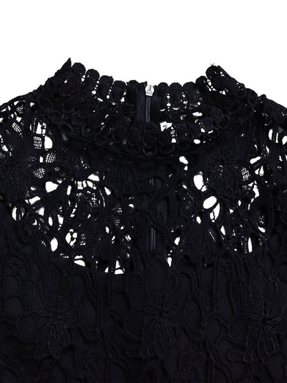 Lace Trim Hollow Short Sleeve Bandage High Waist Wide Leg Jumpsuits