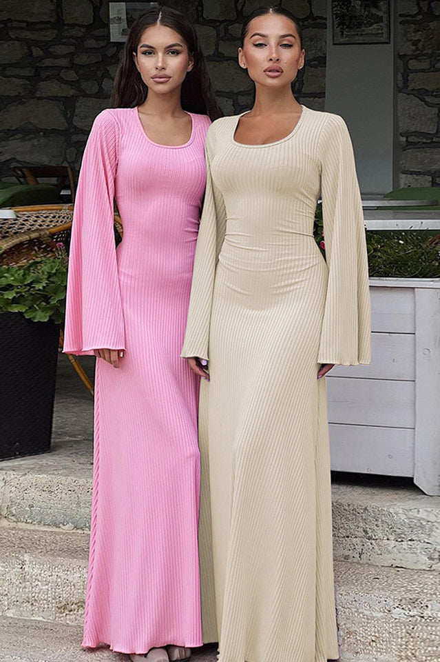 Ribbed Knit Scoop Neck Bell Sleeve Bodycon Maxi Dress