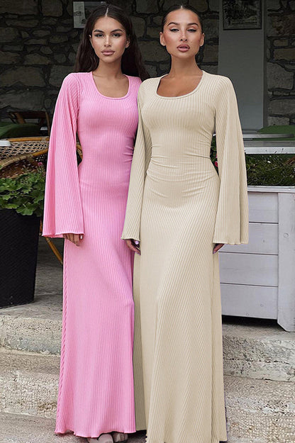Ribbed Knit Scoop Neck Bell Sleeve Bodycon Maxi Dress