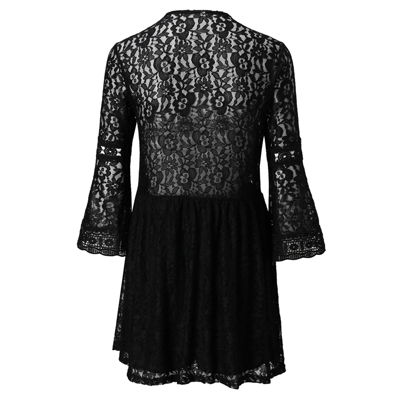 Floral Lace Deep V-Neck Long Sleeve Eyelet Crochet Trim Fit and Flare Mini Dress
