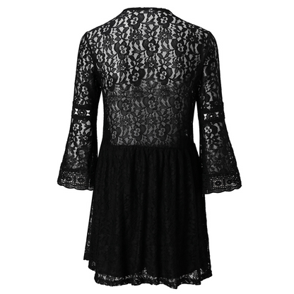 Floral Lace Deep V-Neck Long Sleeve Eyelet Crochet Trim Fit and Flare Mini Dress