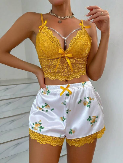 Deep V Lace Cutout Camisole Bra And Lace Trim Shorts Pajama Set