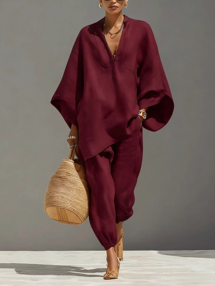 Solid Color Batwing Sleeves, V-neck, Loose Pockets 2-piece Sets