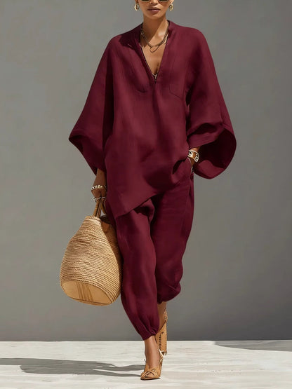 Solid Color Batwing Sleeves, V-neck, Loose Pockets 2-piece Sets