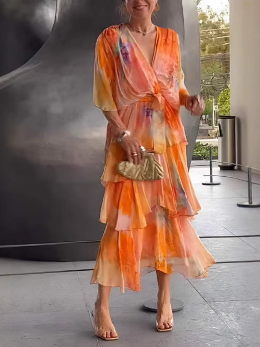 Floral Print Multi-layered Long Dress