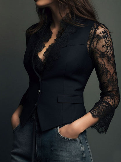 Lace Stitching V-neck Button Sexy Temperament Jackets
