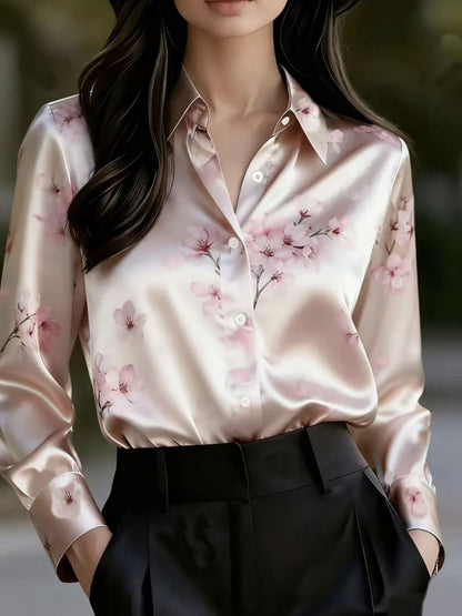 Printed Single-breasted Slim-fit Satin Casual Shirts