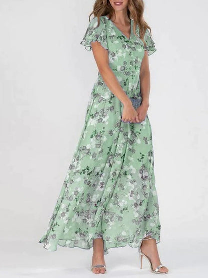 Chiffon Floral Print Short-sleeved Ruffled V-neck Long Dress