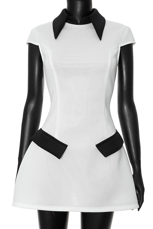 Contrast Point Collar Cap Sleeve Flap Detail Mini Dress