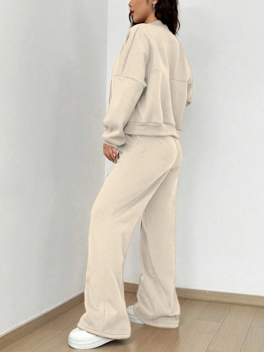 Sports And Leisure Solid Color Crew Neck Zipper 2-piece Sets