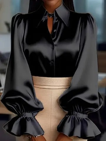 Puff Sleeve Long-sleeved Collared Satin Shirt