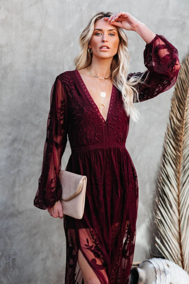 Deep V Neck Floral Lace Embroidered Long Sleeve Side Slit Maxi Dress