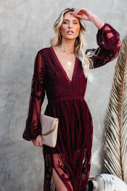 Deep V Neck Floral Lace Embroidered Long Sleeve Side Slit Maxi Dress