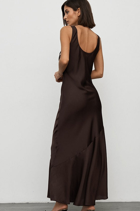 Scoop Neck Asymmetric Diagonal Seam Satin Slip Midi Dress
