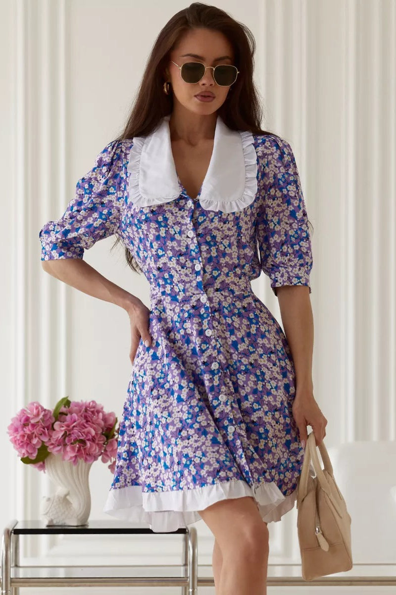 Ditsy Floral Oversized Ruffled Collar Puff Sleeve Ruffle Hem Mini Dress