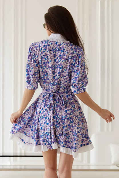 Ditsy Floral Oversized Ruffled Collar Puff Sleeve Ruffle Hem Mini Dress