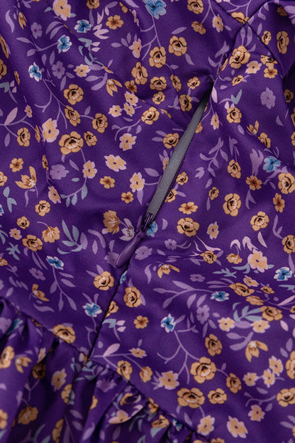 Purple Tie Waist Short Sleeve Babydoll Floral Dress