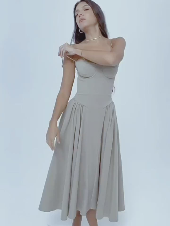 Bustier Spaghetti Strap Basque Waist Pleated Flared Midi Dress