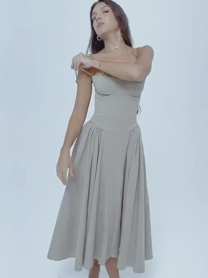 Bustier Spaghetti Strap Basque Waist Pleated Flared Midi Dress