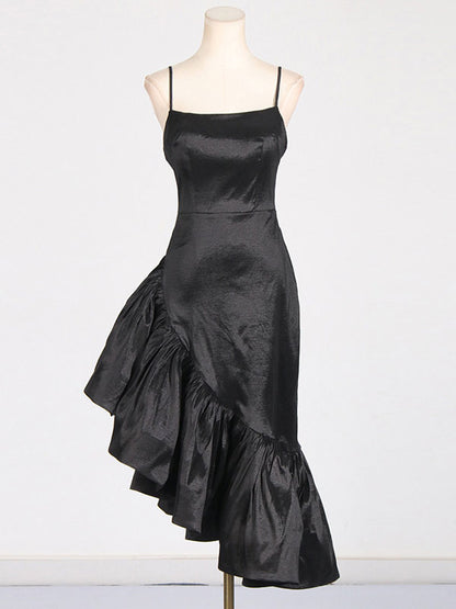 Asymmetrical Dress Spaghetti Strap Ruffles Backless Elegant Party Midi Dresses