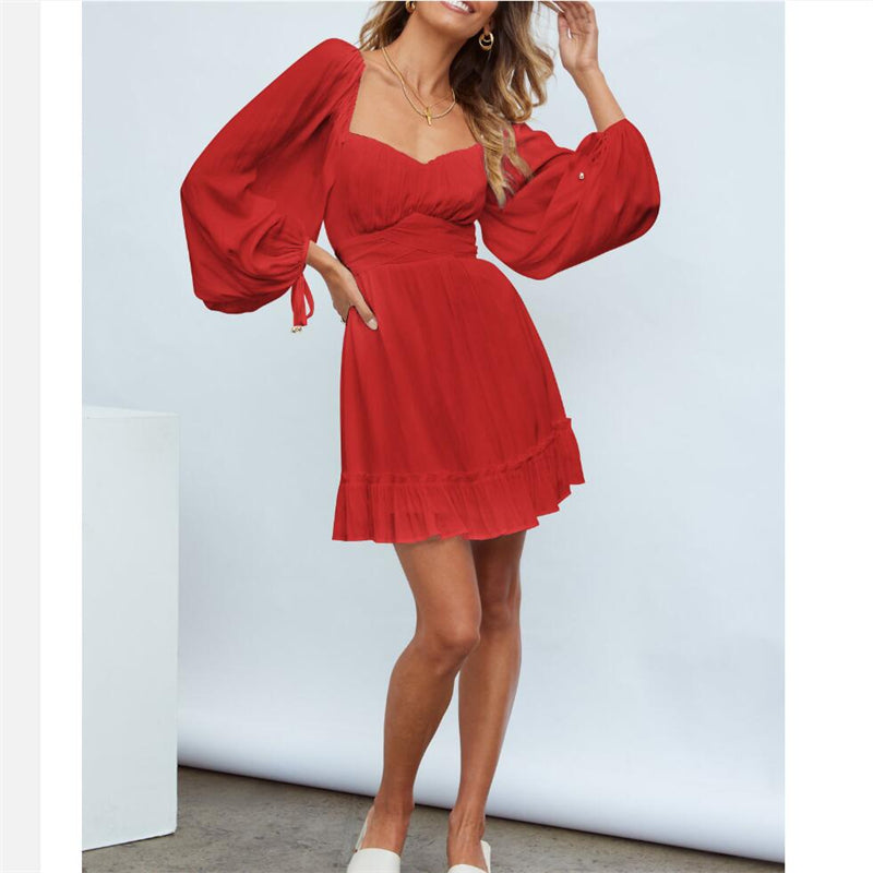 Ruffle Long Sleeve Square Collar Mini Dress in Multiple Colors