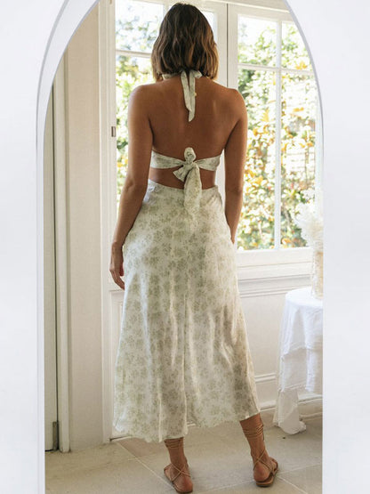 Floral Midi Dresses Floral Print Backless Lace Up V-Neck Sleeveless Backless Sexy Summer Long