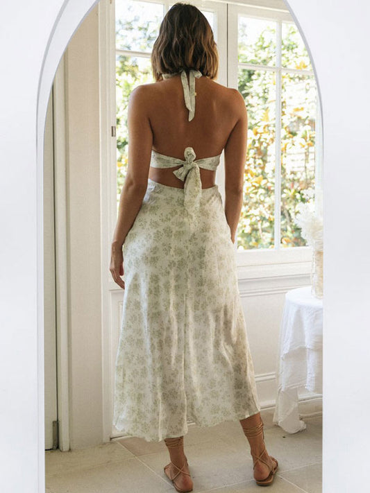 Floral Midi Dresses Floral Print Backless Lace Up V-Neck Sleeveless Backless Sexy Summer Long