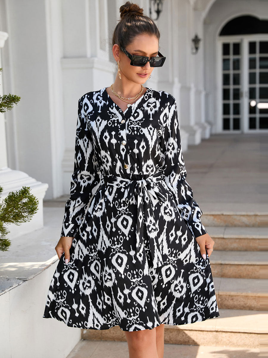 Leopard Print Lace Up Casual V-Neck Long Sleeves Midi Dress