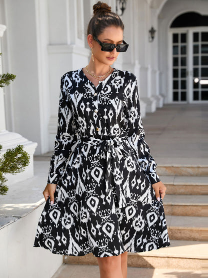 Leopard Print Lace Up Casual V-Neck Long Sleeves Midi Dress