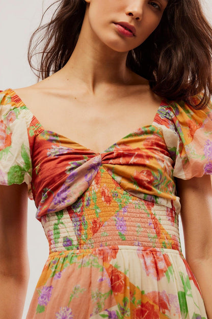 Floral Puff Sleeve Smocking Midi Dress
