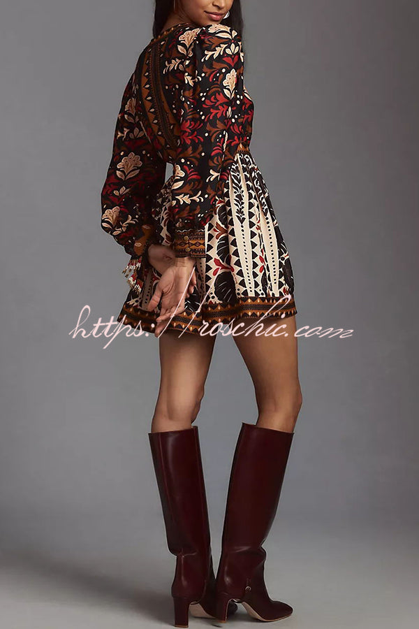 Fashion-forward Exotic Floral Print Lantern Sleeve Belted Mini Dress