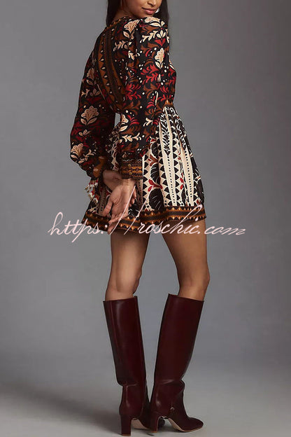 Fashion-forward Exotic Floral Print Lantern Sleeve Belted Mini Dress
