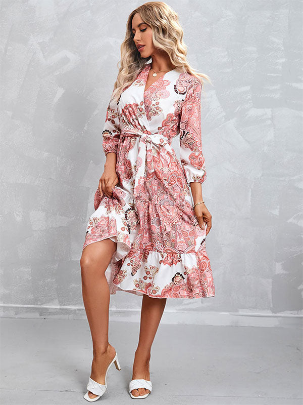 Geometric Lace Up Layered Chic V-Neck 3/4 Length Sleeves Midi Dress