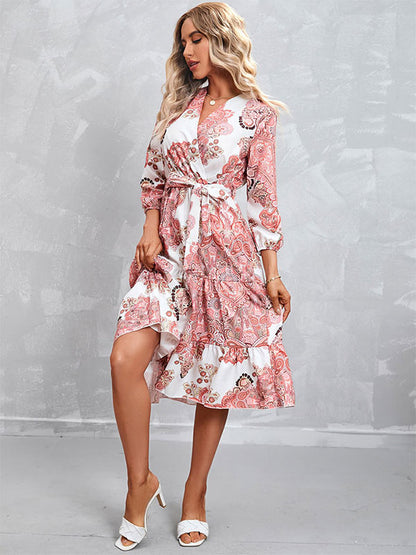 Geometric Lace Up Layered Chic V-Neck 3/4 Length Sleeves Midi Dress