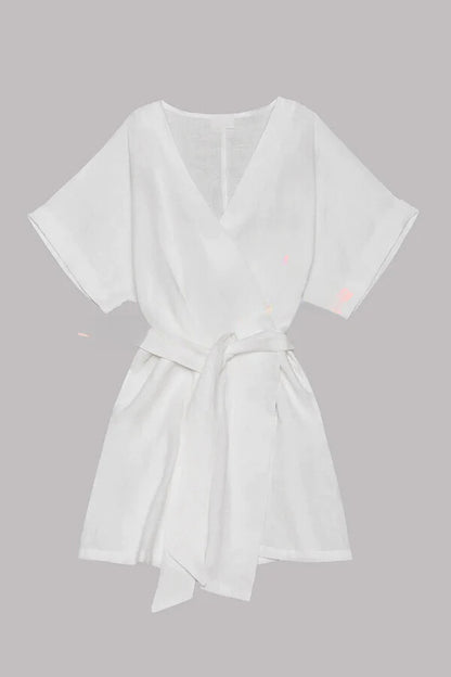 Cotton Linen Blend Pocketed Belt Kimono Mini Dress