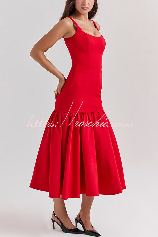 Graceful Silhouette Square Neck Wide Strap Drop Waist Midi Dress