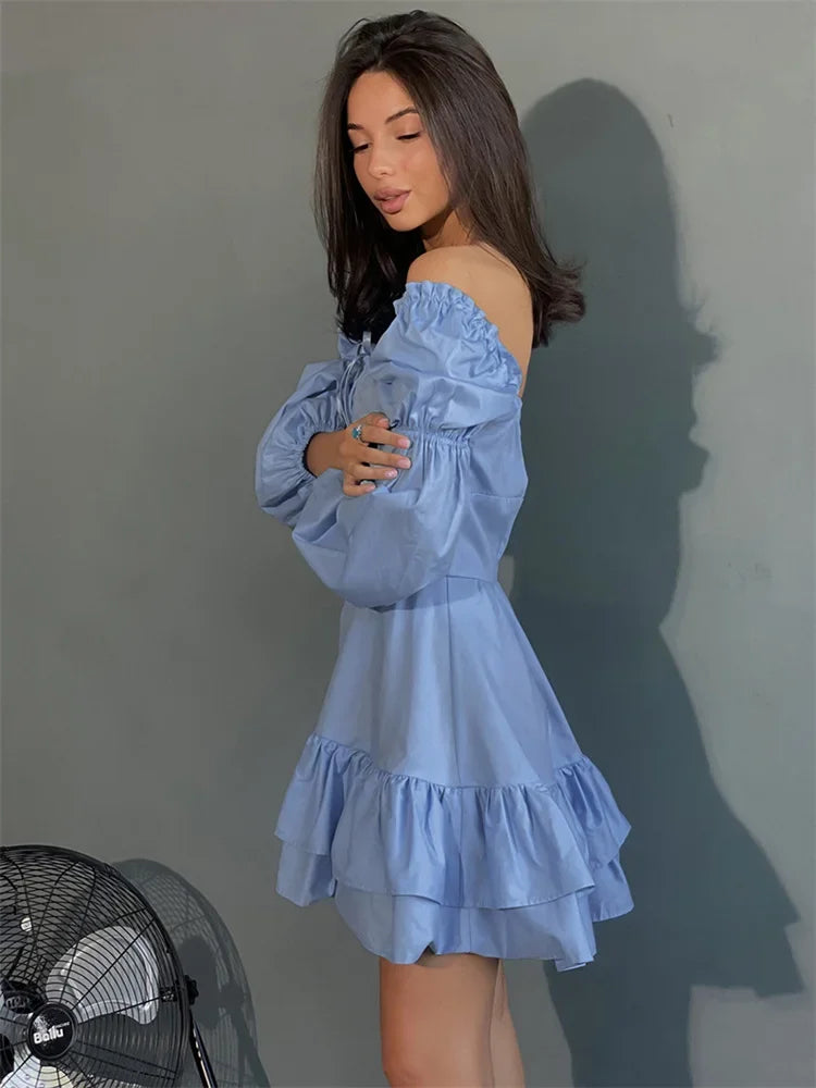 Tossy Lace-Up Patchwork Ruffled Mini Dress Women’s Square Collar Long Sleeve Elegant Party Dress Clothes Fashion Summer Dress